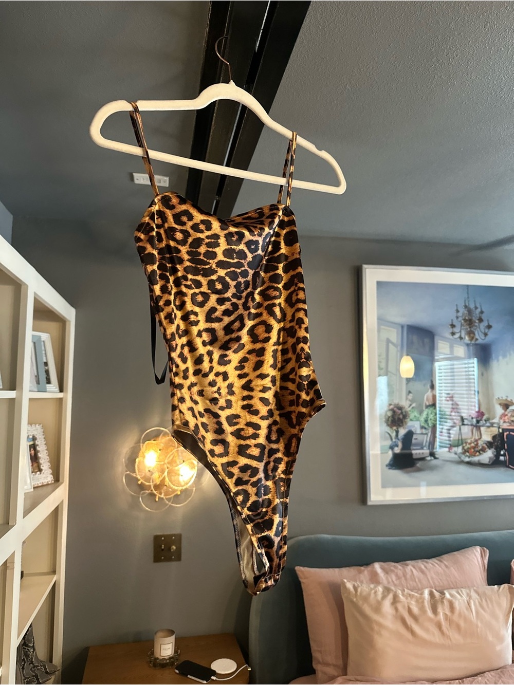 superdown Leopard Print Satin Bodysuit in Brown and Black